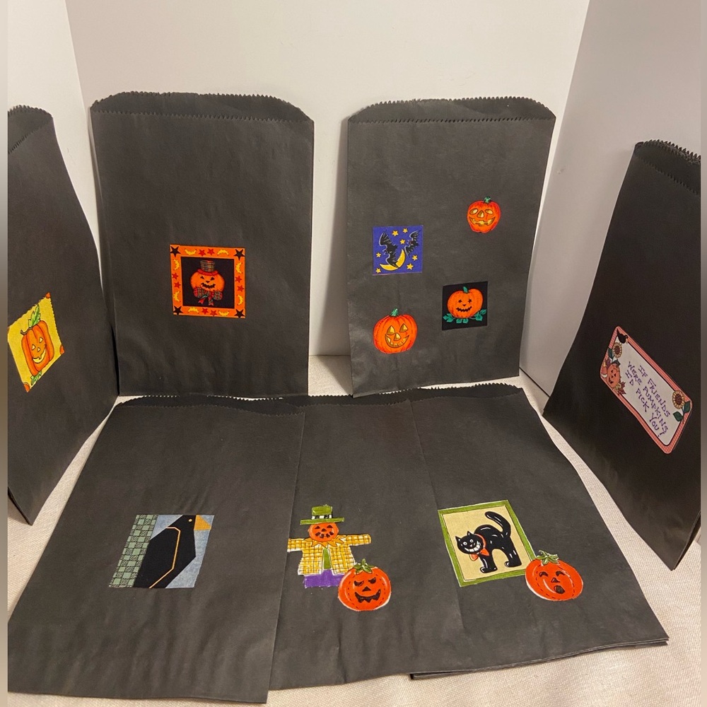 Vintage Halloween Black paper candy bags with Halloween fabric stickers 19 BAGS